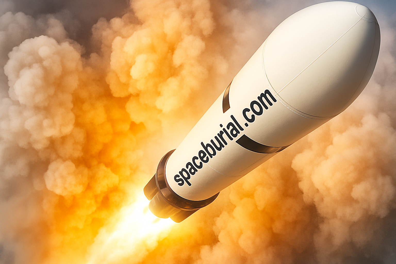 Spaceburial.com rocket launching through billowing orange smoke